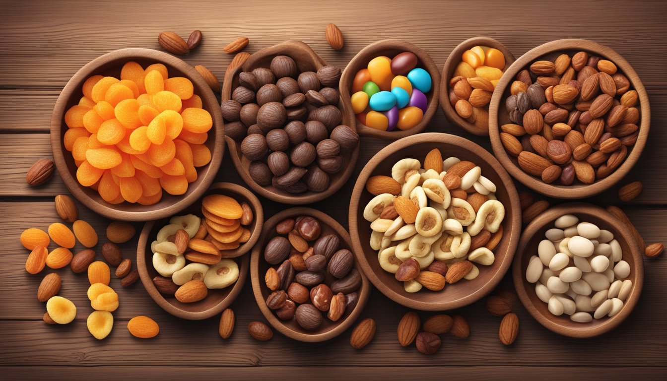 A colorful assortment of dried fruits, nuts, and chocolate candies spills out of a rustic wooden bowl onto a table, creating a tempting trail mix display