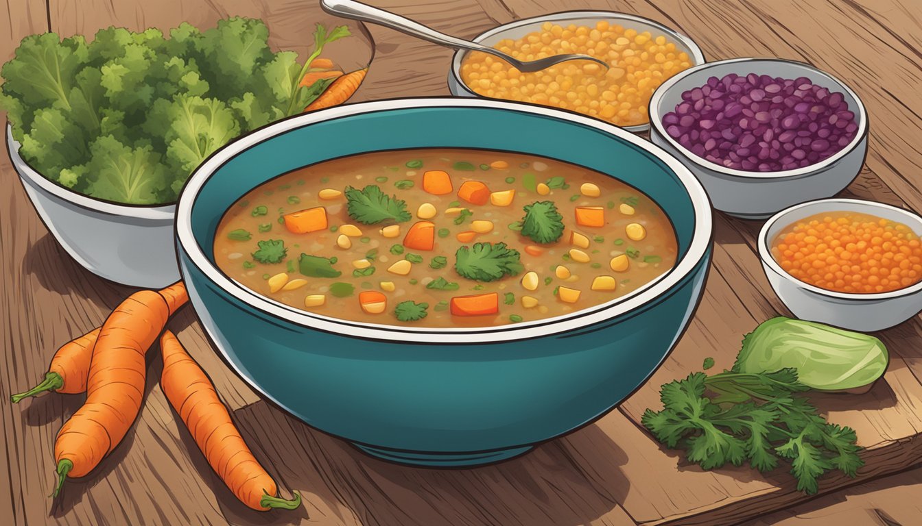 A steaming bowl of Amy's Organic Light in Sodium Lentil Vegetable soup sits on a rustic wooden table, surrounded by fresh vegetables and a spoon