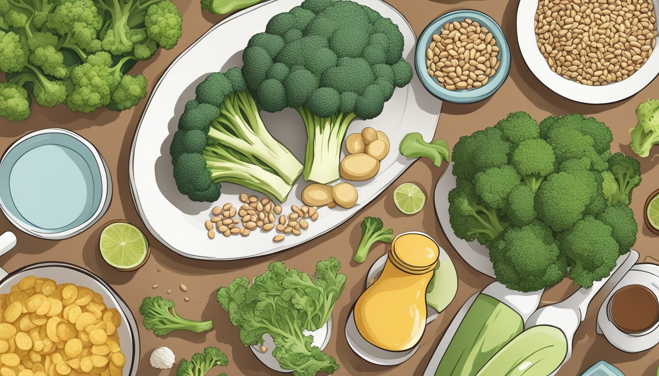 A table with a variety of foods including broccoli, beans, and dairy, surrounded by a backdrop of a stylized digestive system