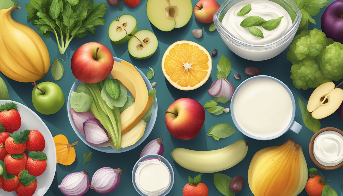 A table with a variety of "gut-friendly" foods such as yogurt, garlic, and apples, surrounded by a diverse selection of fruits and vegetables