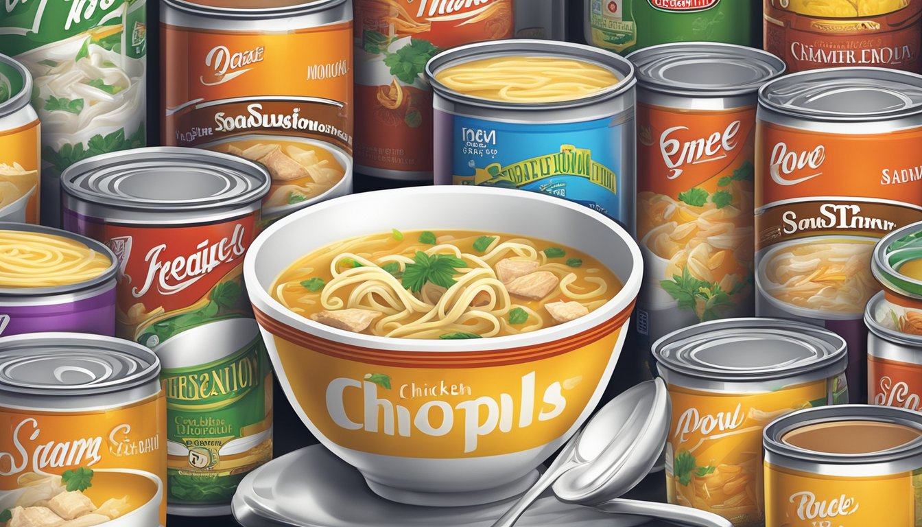 A steaming bowl of low-sodium chicken noodle soup surrounded by a variety of high-sodium soup cans, creating a stark visual contrast