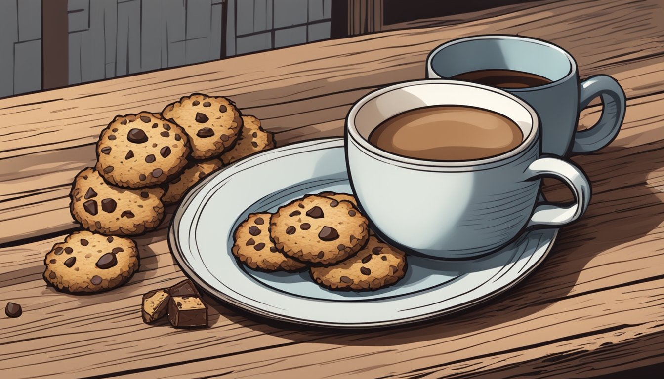 A plate of oatmeal chocolate chip biscuits arranged in a rustic, wholesome setting with a mug of steaming coffee nearby