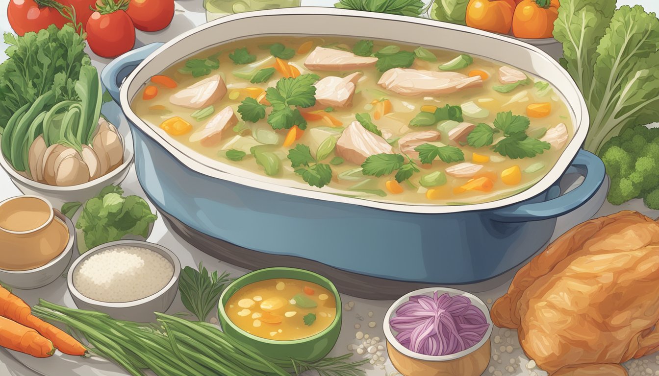 A steaming pot of Pacific Foods Organic Reduced Sodium Chicken Broth surrounded by various vegetables and herbs, with a headline reading "Low-Sodium" Soups That Are Still Salt Traps