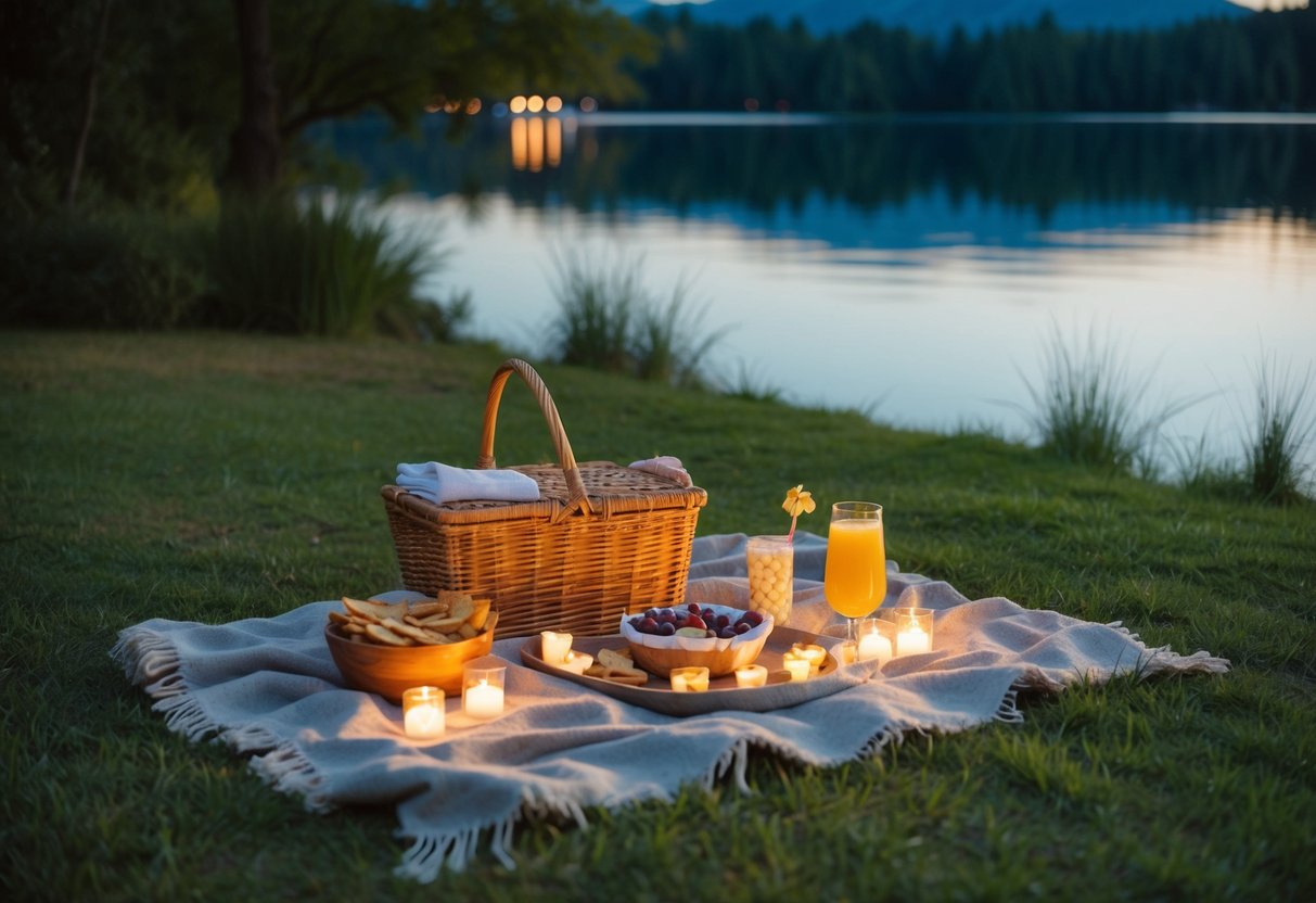 A cozy evening picnic by a tranquil lake, with a warm blanket spread out and a basket of delicious treats and drinks