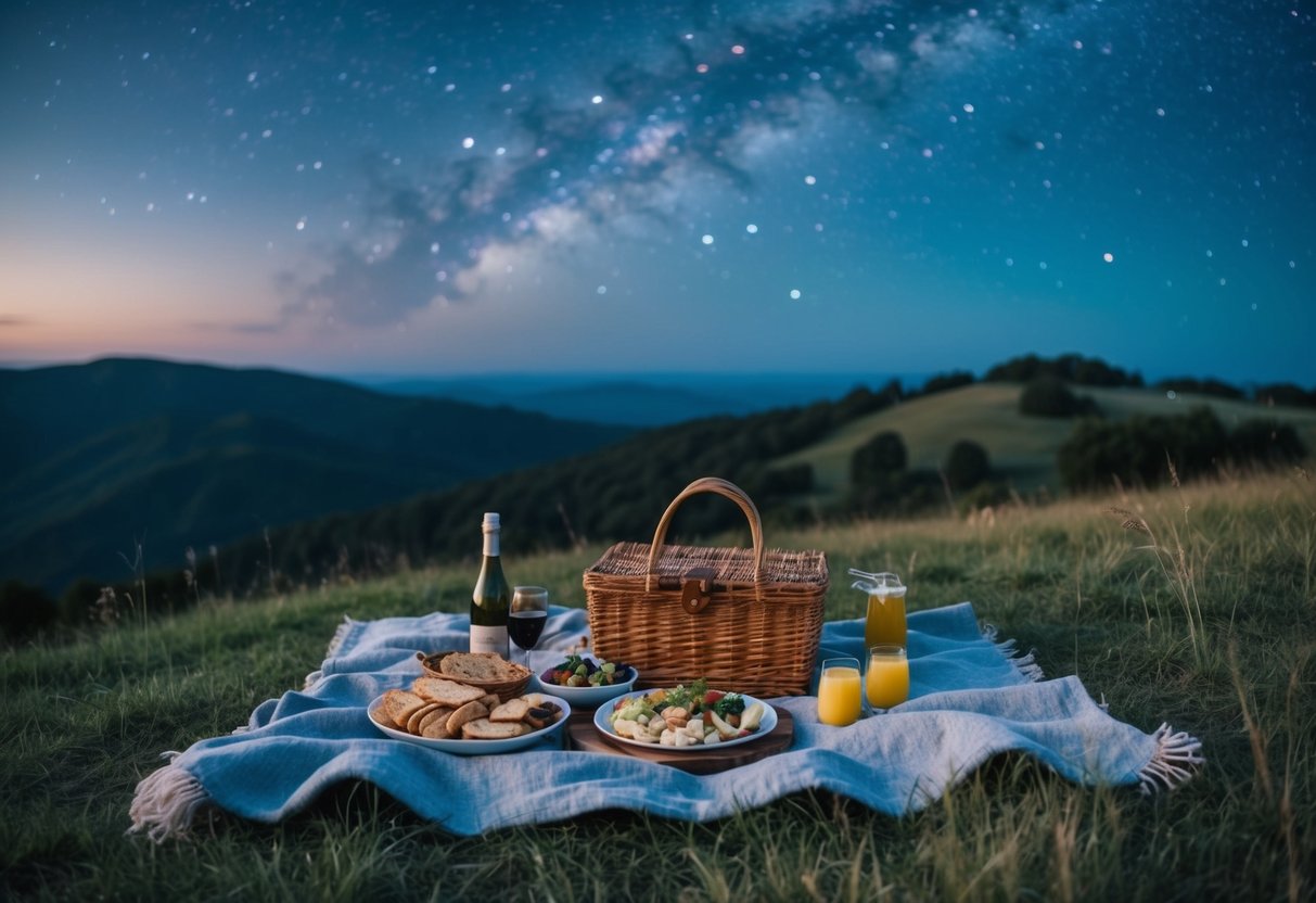A hilltop picnic under the starlit sky, with a cozy blanket, a wicker basket, and a spread of delicious food and drinks