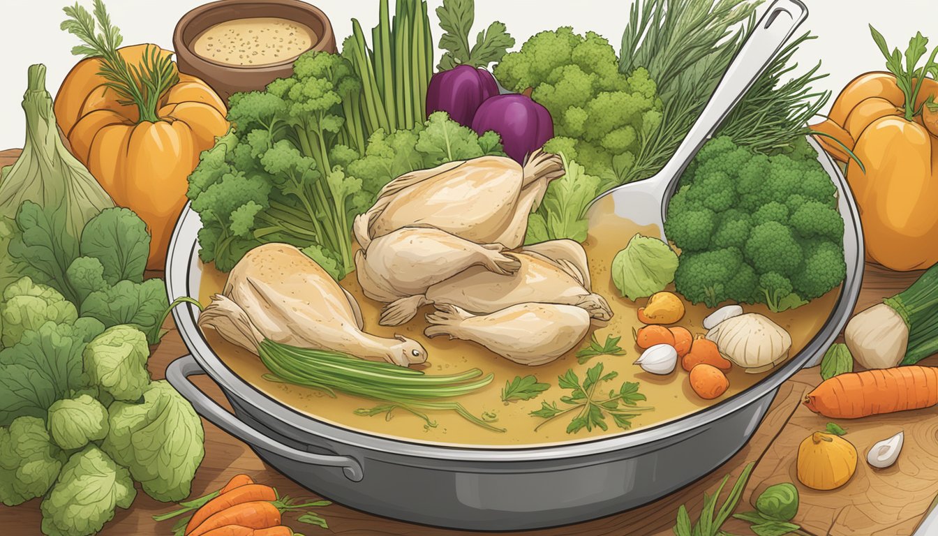 A steaming pot of low-sodium chicken broth surrounded by various vegetables and herbs, with a label for "365 by Whole Foods Market Organic Chicken Broth" in the background