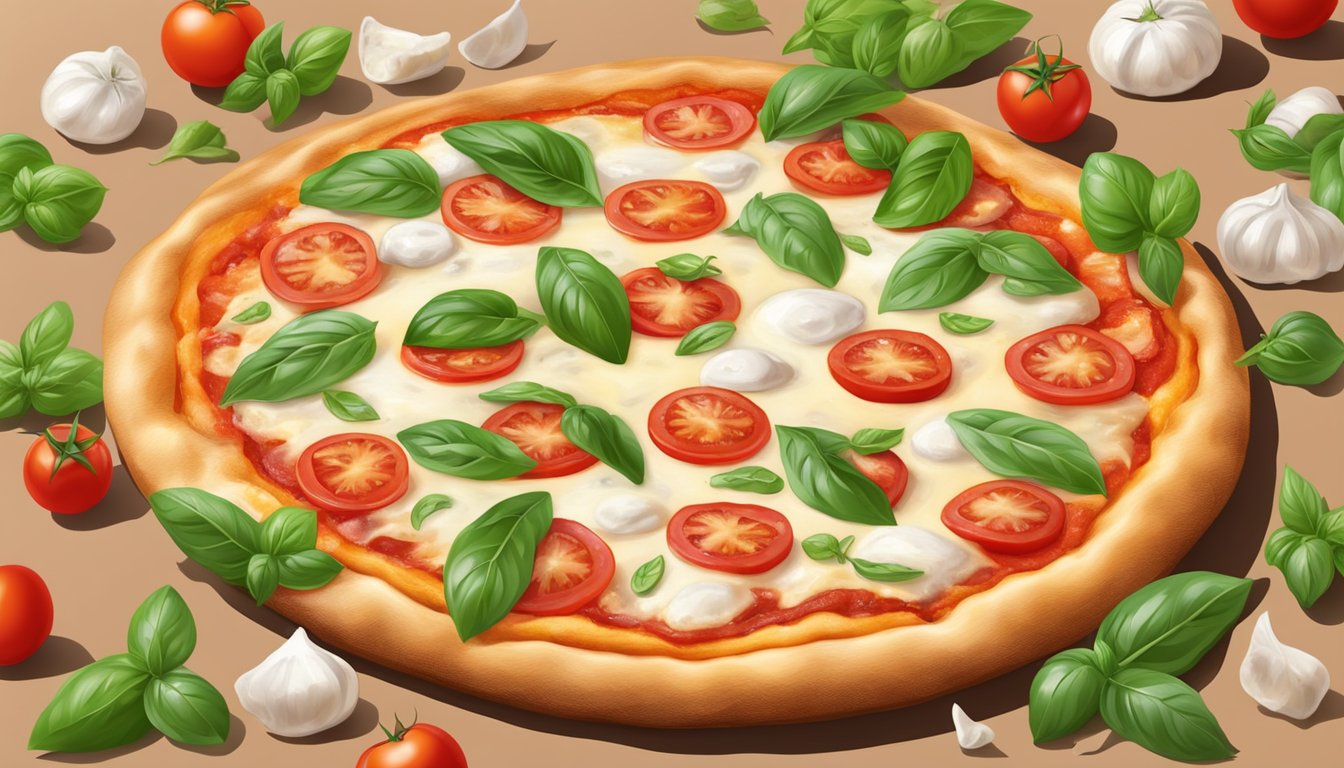 A colorful and appetizing margherita pizza surrounded by fresh basil leaves and ripe tomatoes, with a thin, crispy crust and melted mozzarella cheese