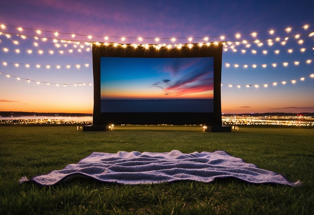 A blanket spread out on the grass under a big screen, surrounded by twinkling lights and a colorful sunset over the horizon