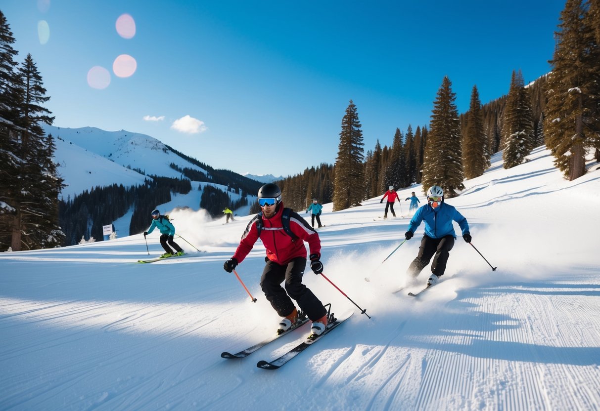 Skiers race down Snow Valley's snowy slopes, surrounded by tall pine trees and a bright blue sky