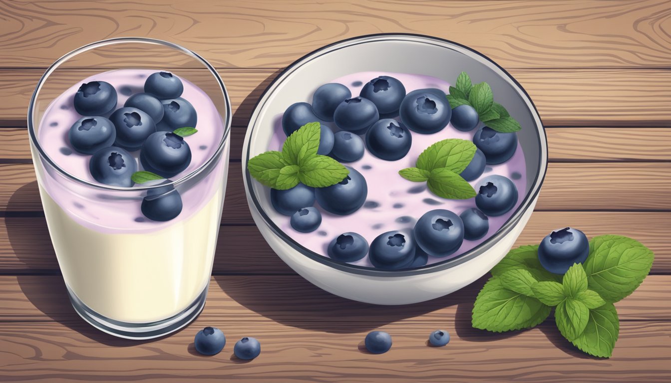 A bowl of blueberry yogurt biscuits on a rustic wooden table with a glass of milk and a sprig of fresh mint