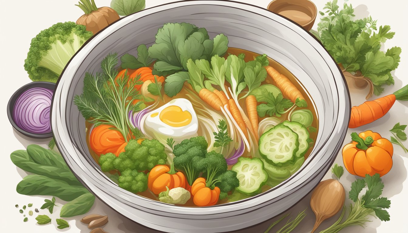 A steaming bowl of low-sodium vegetable broth surrounded by various vegetables and herbs