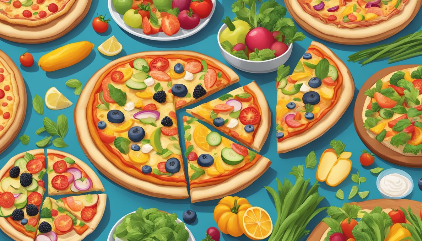 A table with a variety of California Pizza Kitchen Sicilian 7 "Healthy" Frozen Pizzas, surrounded by colorful vegetables and fruits