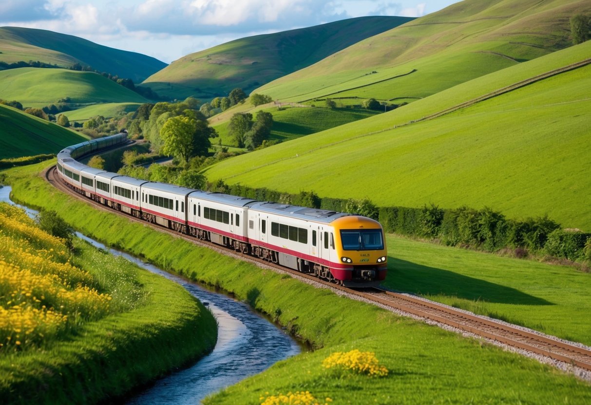 A train winds through lush green valley, passing by rolling hills, meandering streams, and colorful wildflowers