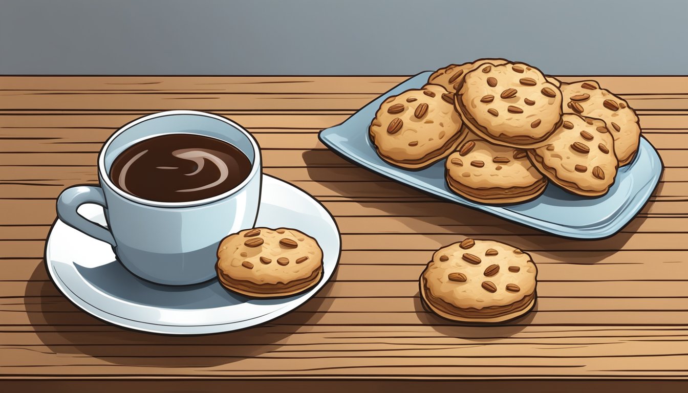 A plate of maple pecan morning biscuits arranged with a cup of coffee on a wooden table