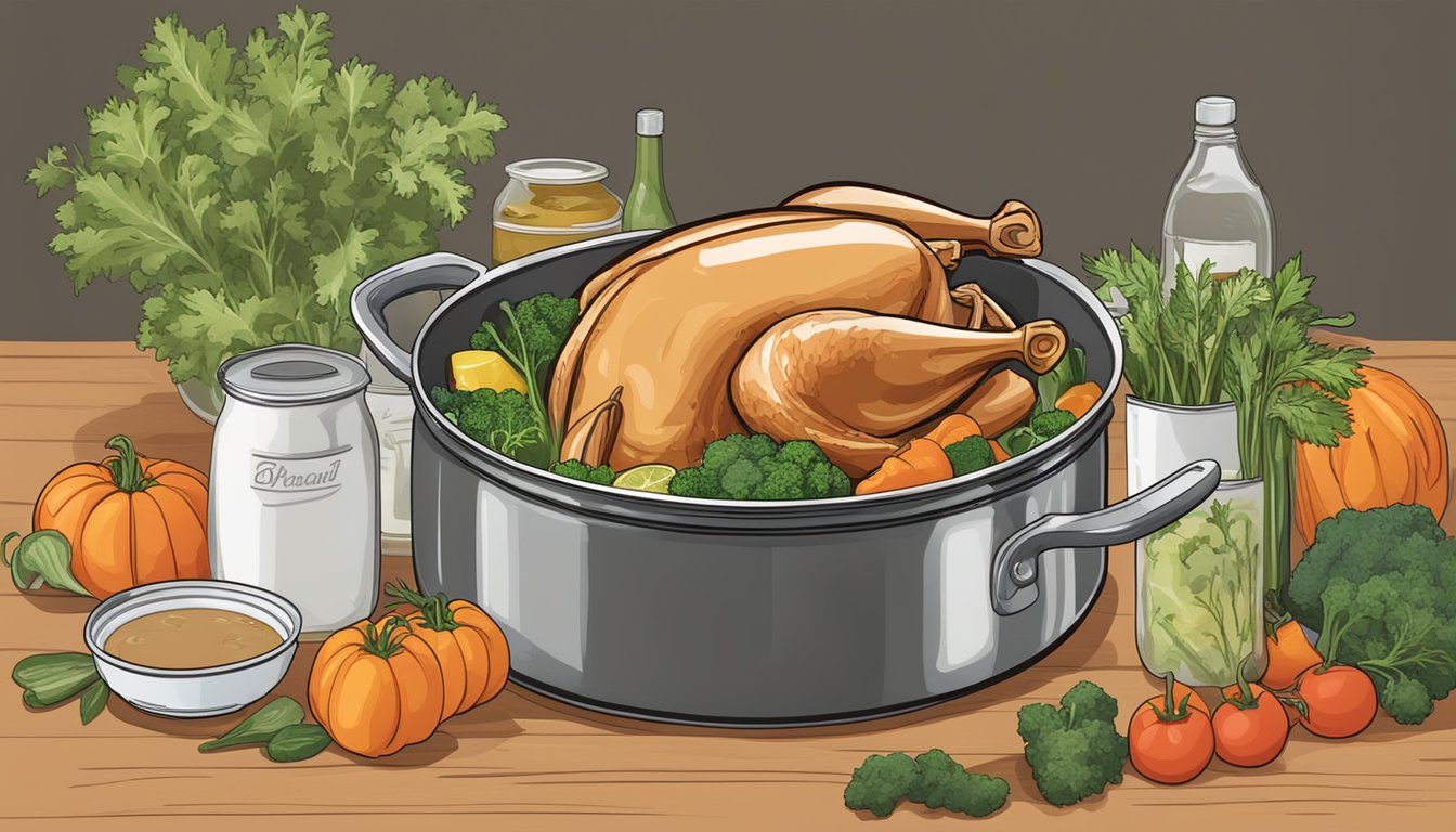 A simmering pot of turkey stock surrounded by various vegetables and herbs, with a stack of low-sodium soup cans nearby