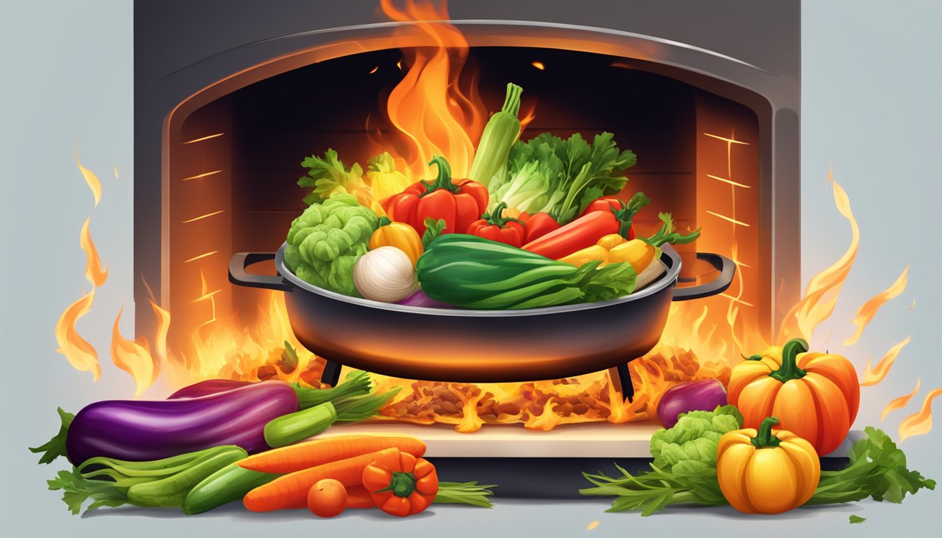 A colorful pile of fresh vegetables being engulfed by flames in a fiery oven