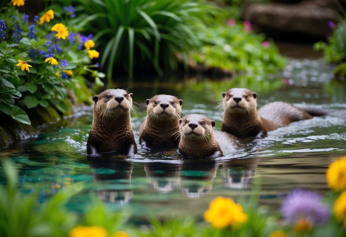A family of otters playfully swim in a clear, shallow stream surrounded by lush greenery and colorful flowers at the Edmonton Valley Zoo