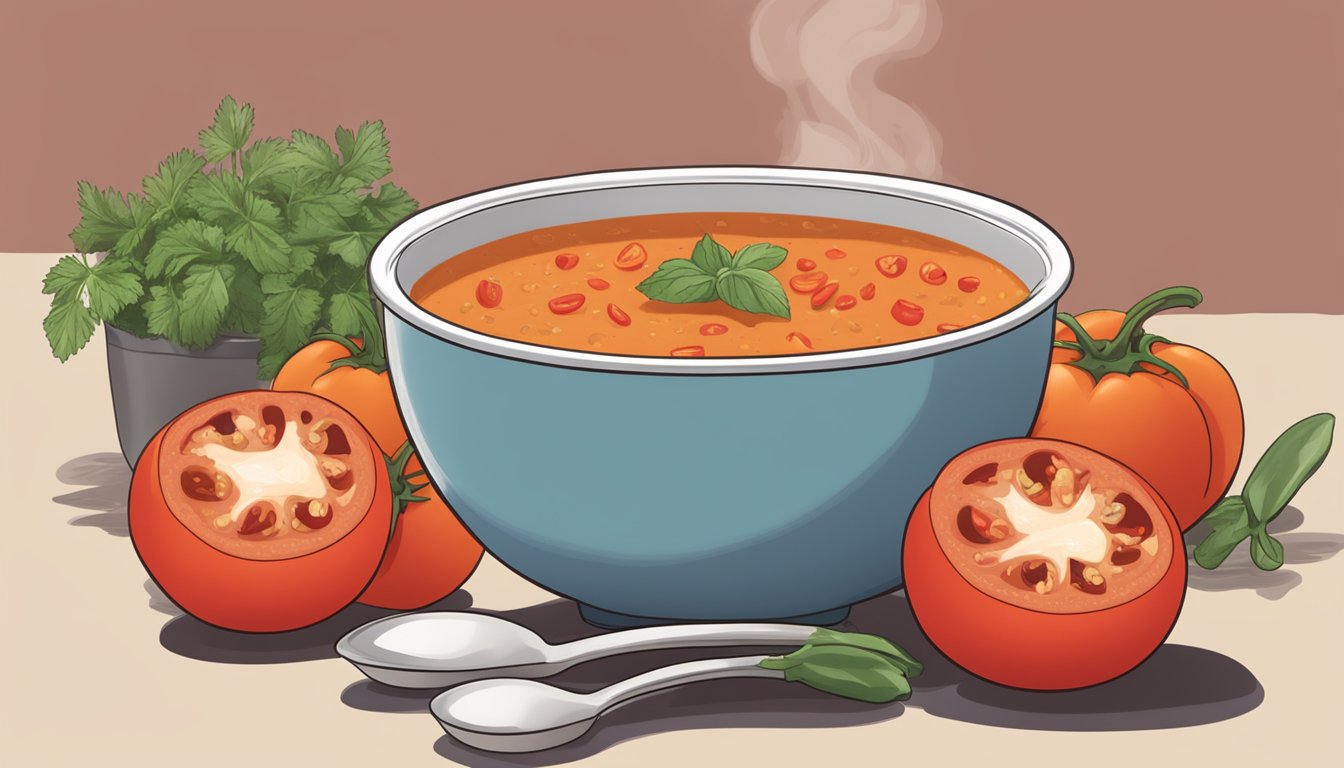 A steaming bowl of Trader Joe's soup surrounded by fresh tomatoes and roasted red peppers, with a "low-sodium" label in the background