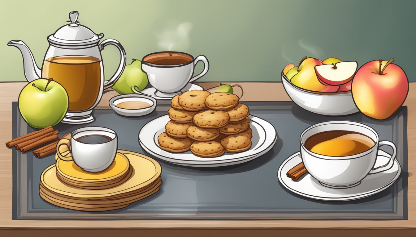 A table set with a plate of apple cinnamon biscuits, a cup of tea, and a bowl of fresh fruit