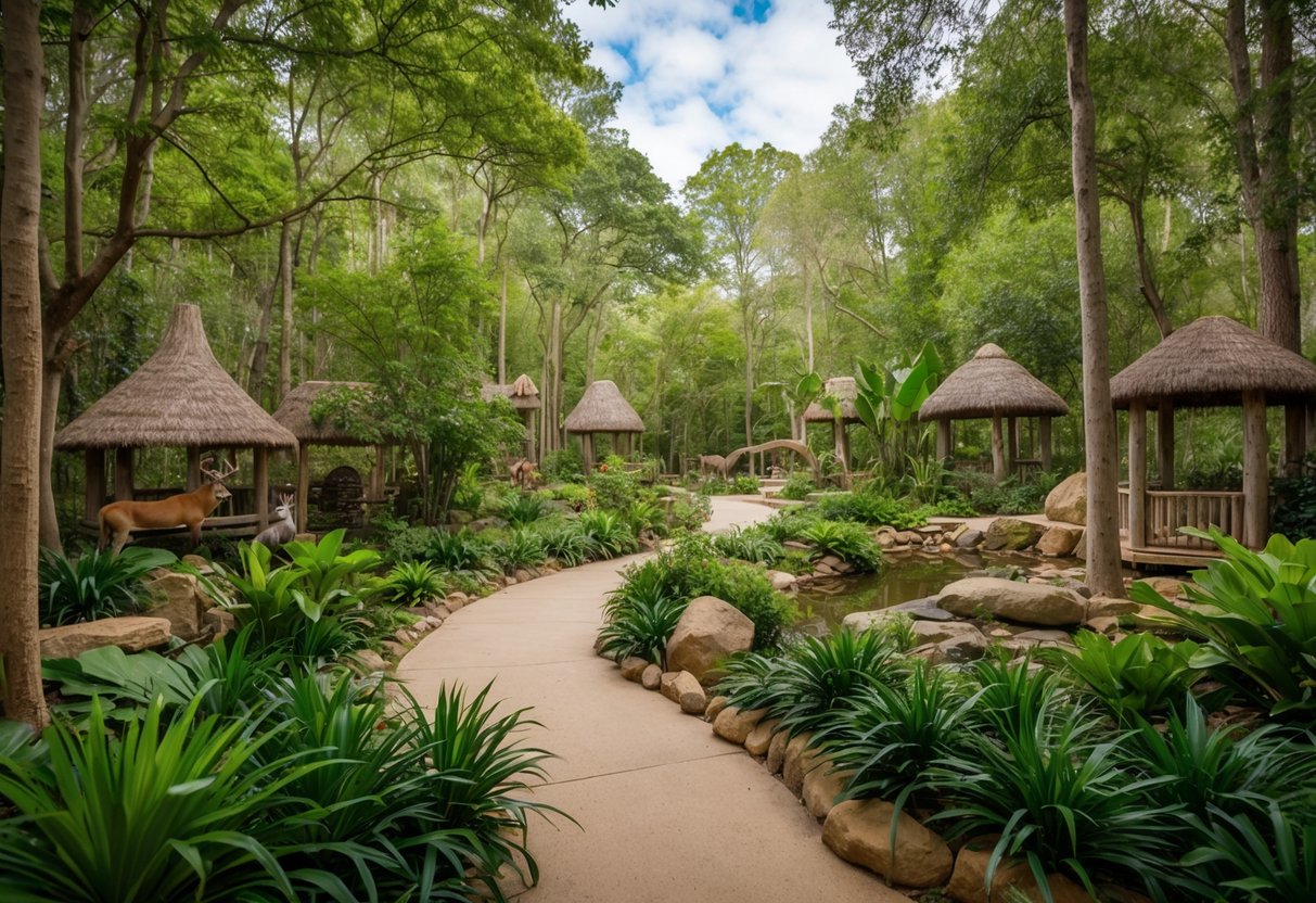 A tranquil woodland sanctuary with diverse animal habitats and lush vegetation, offering a serene setting for a private zoo tour
