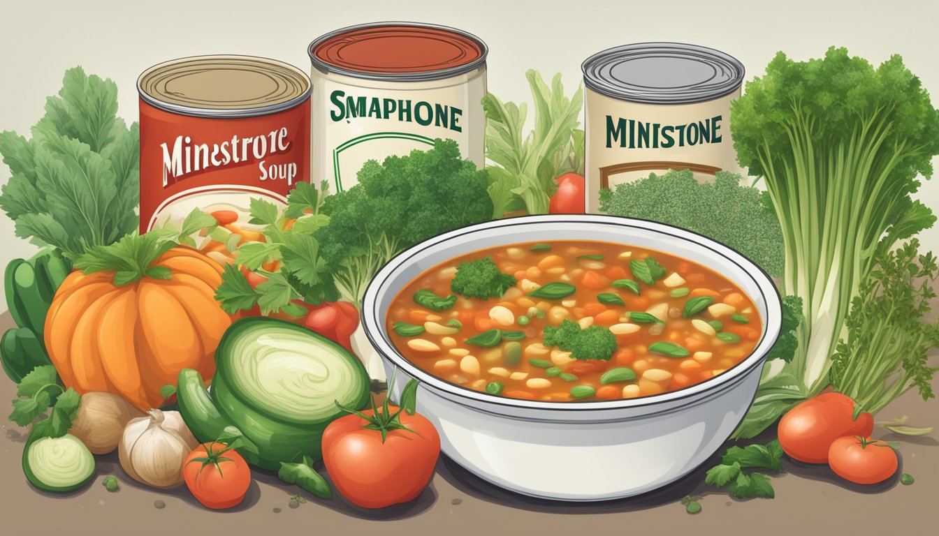 A steaming bowl of minestrone soup surrounded by fresh vegetables and herbs, with a "low-sodium" label prominently displayed on the can