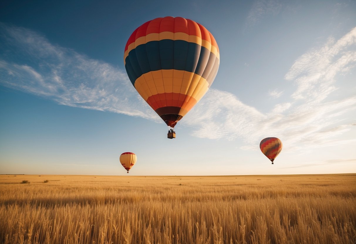 A colorful hot air balloon drifts over golden plains under a bright, sunny sky
