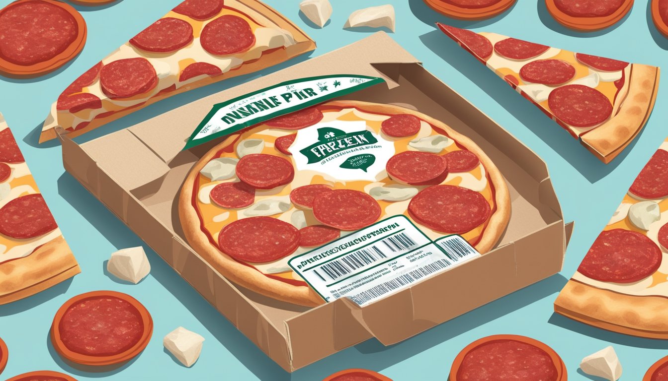 A frozen pizza box surrounded by scattered uncured pepperoni slices and a nutritional label