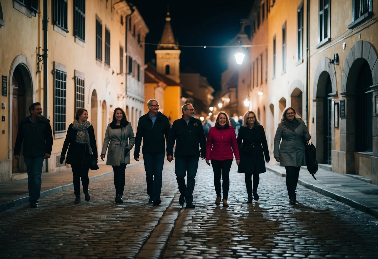 A group of ghost tour participants walk through the cobblestone streets of Old Town, passing by historic buildings and dimly lit alleyways