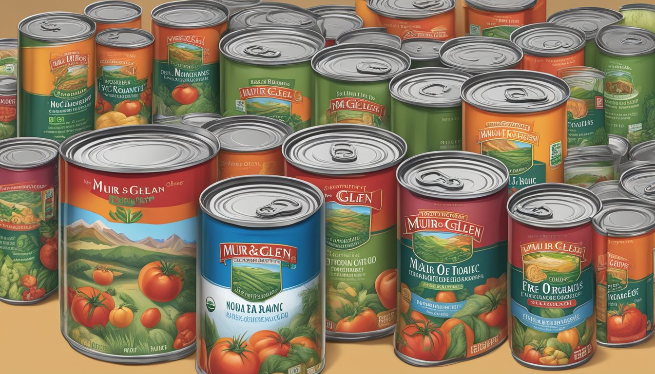 A can of Muir Glen Organic No Salt Added Fire Roasted Diced Tomatoes surrounded by various low-sodium soup cans