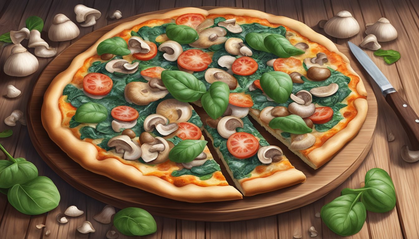 A colorful frozen pizza surrounded by fresh mushrooms and spinach on a rustic wooden cutting board