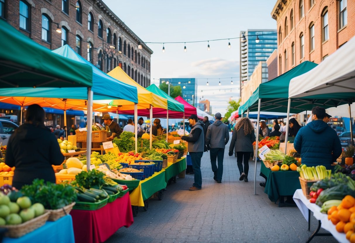 A bustling farmers' market with colorful stalls, fresh produce, and diverse vendors in the historic Old Strathcona district of Edmonton