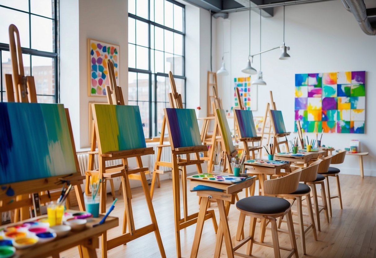 An art loft with easels, paint palettes, and brushes set up for a painting class. The room is filled with natural light and colorful artwork adorns the walls