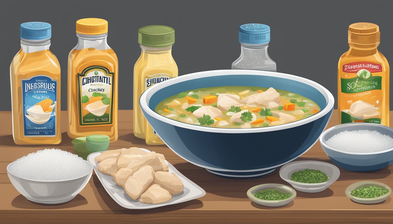 A steaming bowl of chicken soup surrounded by scattered salt shakers and a "low-sodium" label