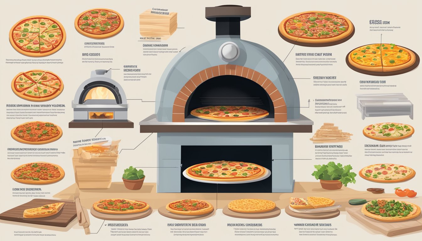 A wood-fired pizza oven with a variety of frozen pizzas, including Lean Cuisine BBQ Recipe Chicken, surrounded by nutritional information labels