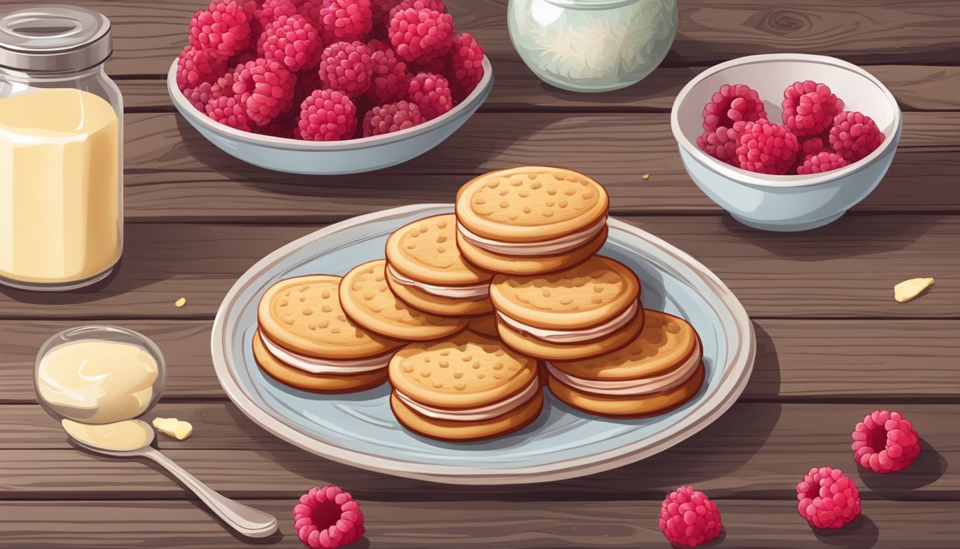 A plate of raspberry vanilla biscuits arranged in a neat row on a rustic wooden table, surrounded by scattered fresh raspberries and a small jar of vanilla beans