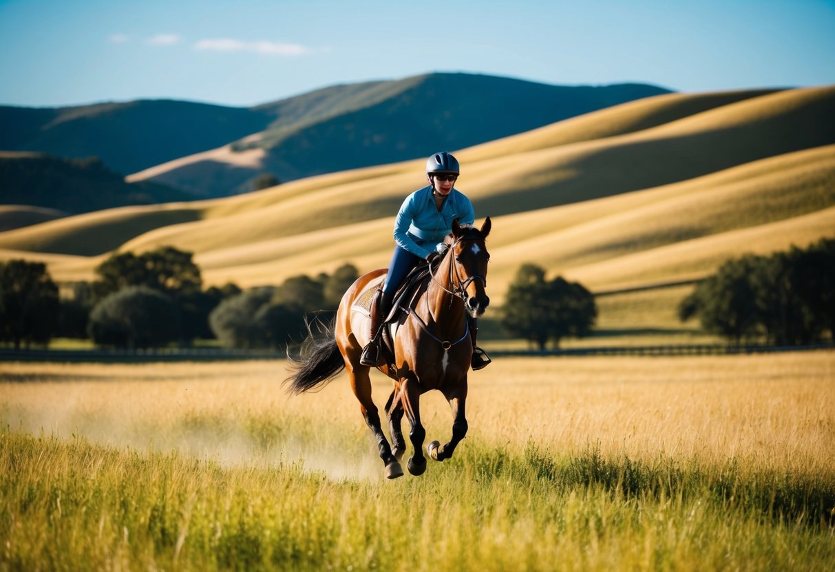 A rider gallops through a sunlit meadow at Golden Ranch, surrounded by rolling hills and a clear blue sky