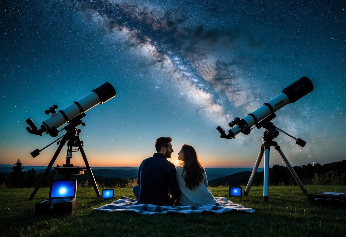 A couple sits on a blanket under a starry sky, surrounded by telescopes and observatory equipment, with a view of the night sky