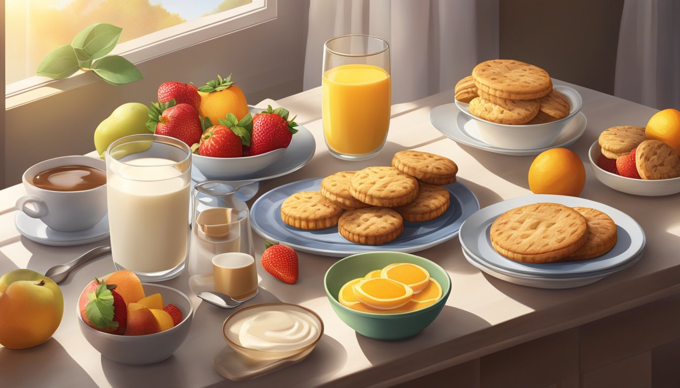 A table set with a variety of breakfast biscuits, surrounded by fresh fruits and a glass of milk. Sunrise light streams through a window, creating a warm, inviting atmosphere