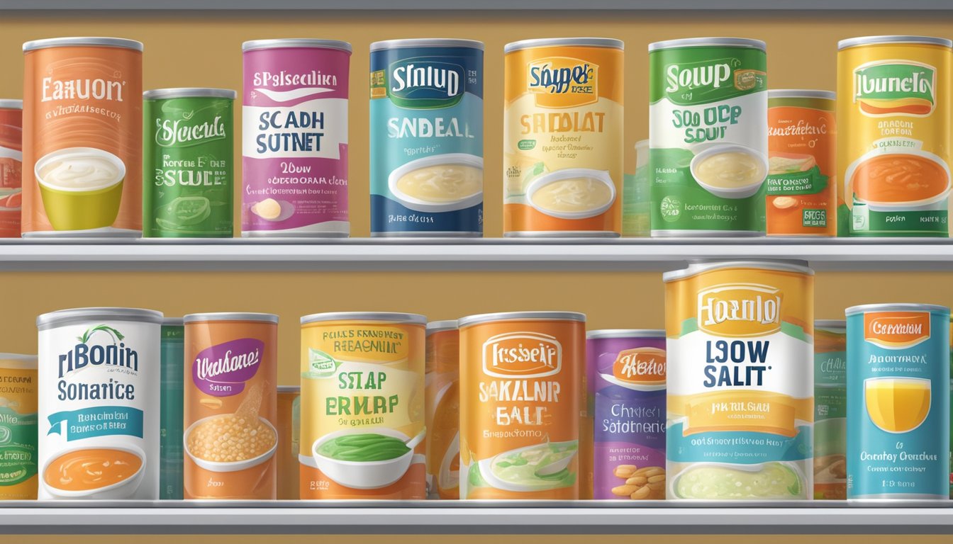 A variety of soup cans labeled as "low-sodium" but still containing high levels of salt, arranged on a shelf in a grocery store