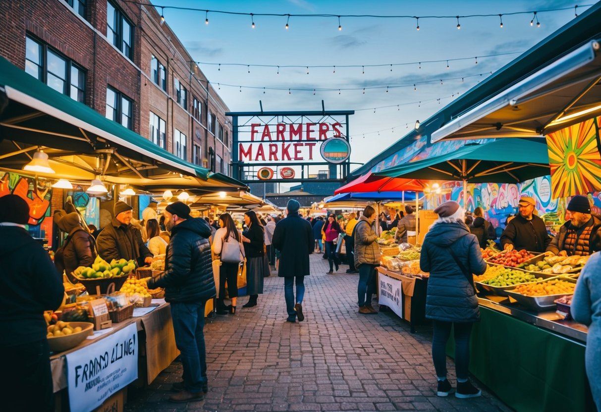 A bustling farmers market with diverse food stalls and local artisans showcasing their crafts, surrounded by vibrant street art and live music
