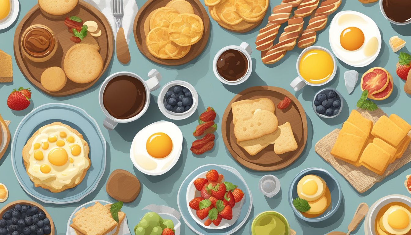 A table spread with a variety of breakfast items, including biscuits and traditional options like eggs, bacon, and fruit