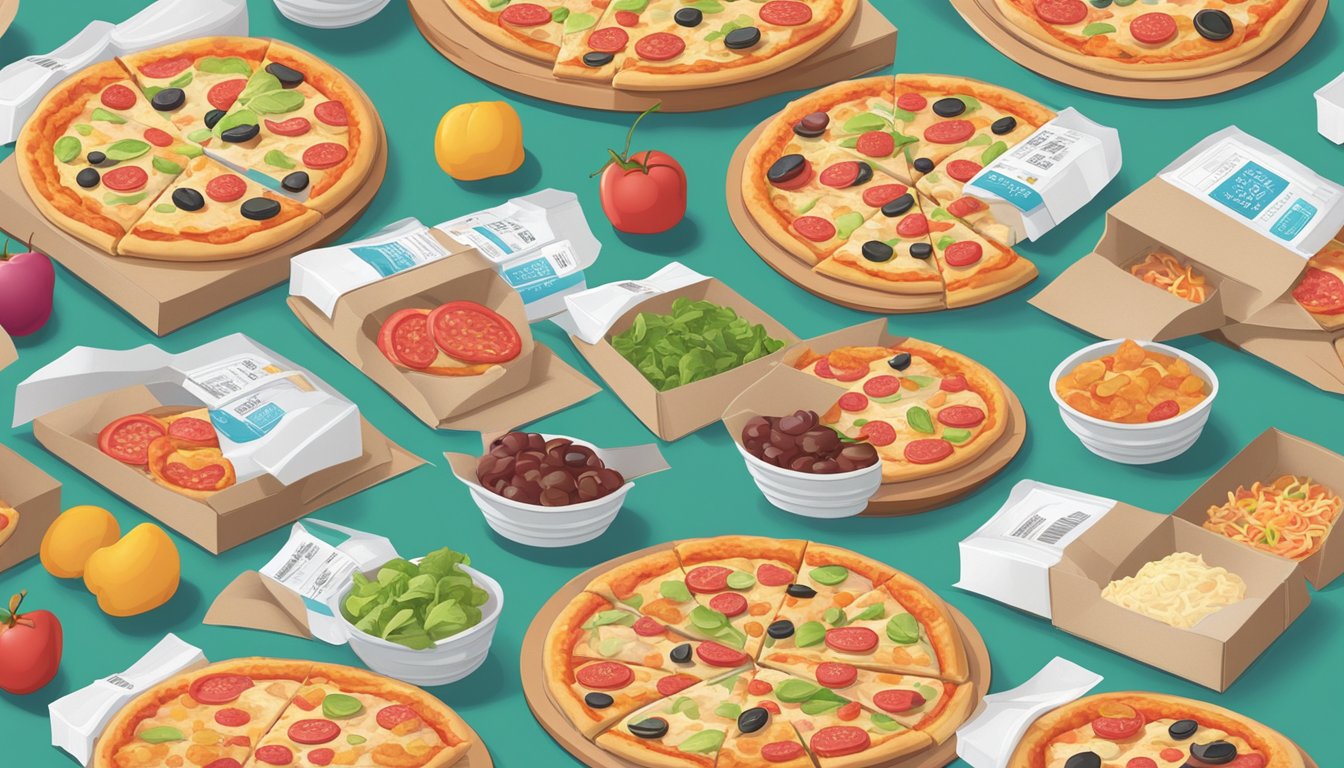 A table with 7 frozen pizza boxes, surrounded by scattered toppings and a nutrition label