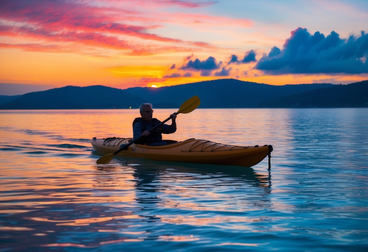 A kayak glides across calm waters under a vibrant sunset in Blue Bay