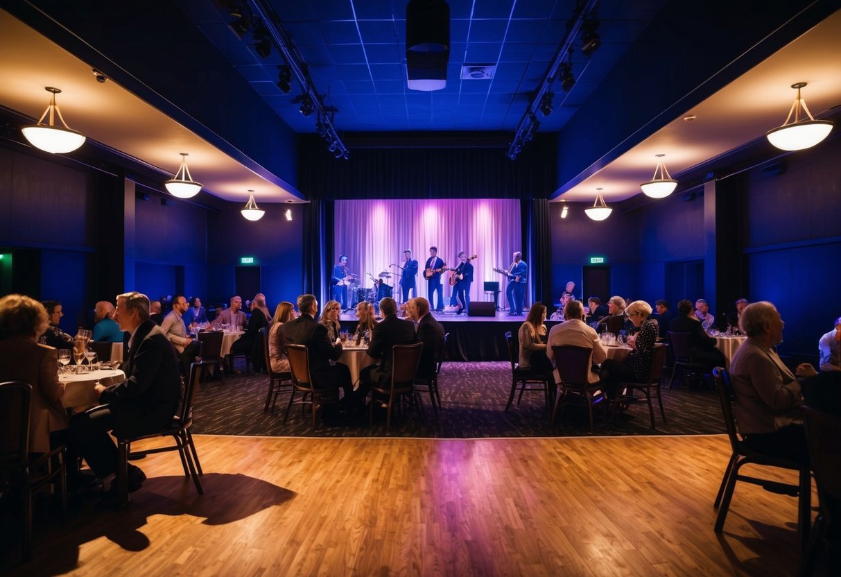 A dimly lit room with a stage, filled with people enjoying live jazz music. Tables and chairs are arranged around the dance floor