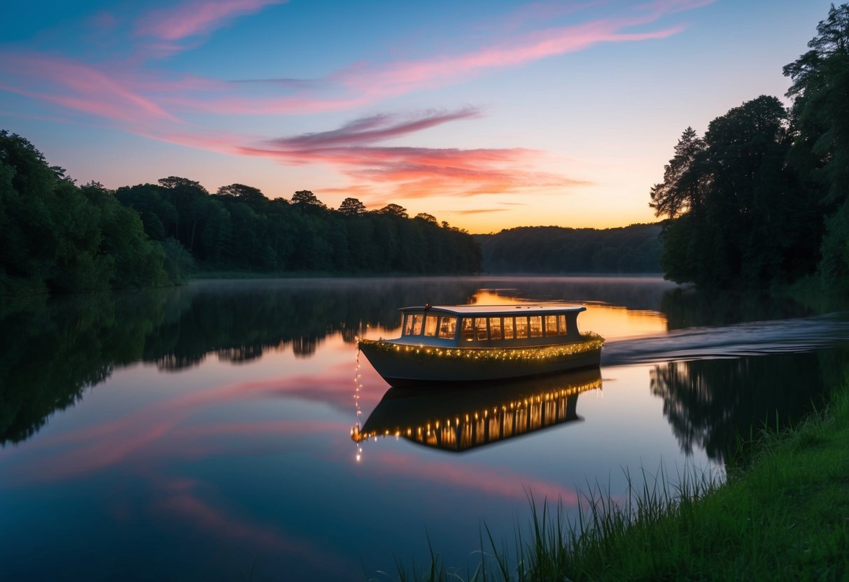 A tranquil lake at dusk, with a boat adorned with fairy lights gliding through the calm waters, surrounded by lush greenery and a colorful sunset in the background