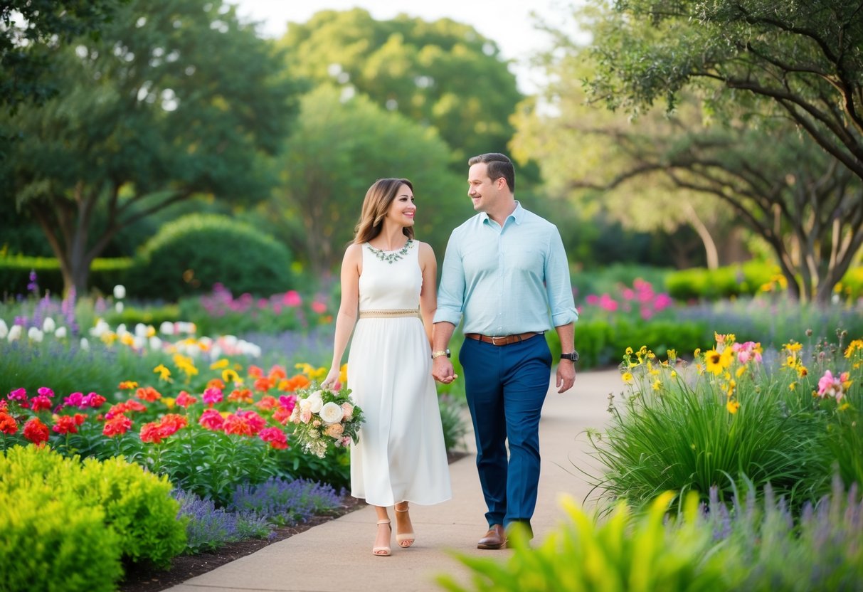 A couple strolling through the Dallas Arboretum and Botanical Garden, surrounded by vibrant flowers and lush greenery