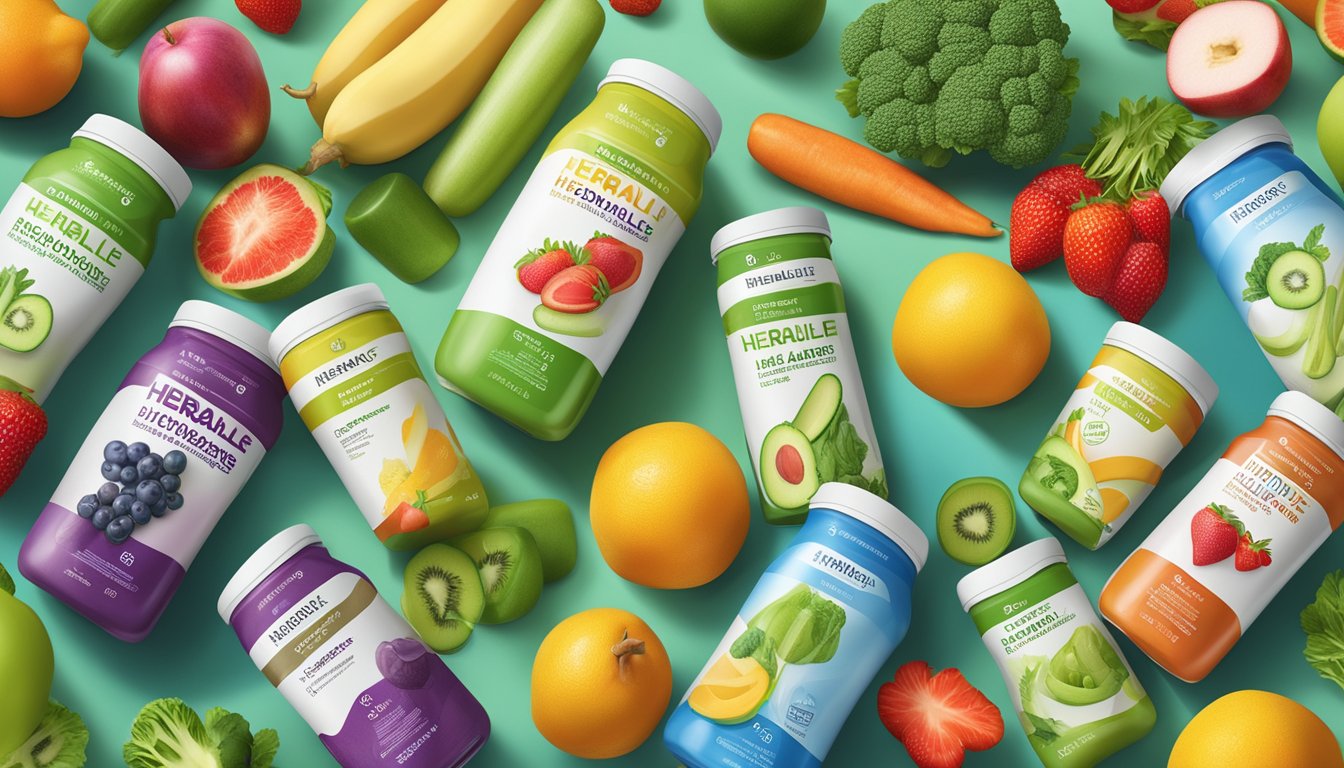 A colorful array of Herbalife Formula 1 shake containers surrounded by fresh fruits and vegetables, with a sense of vitality and health