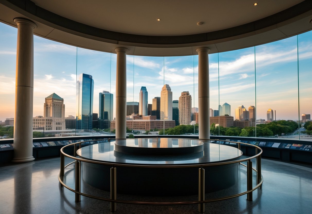 A historic museum in Dealey Plaza, Dallas, with a view of the city skyline and exhibits about the life and legacy of President John F. Kennedy