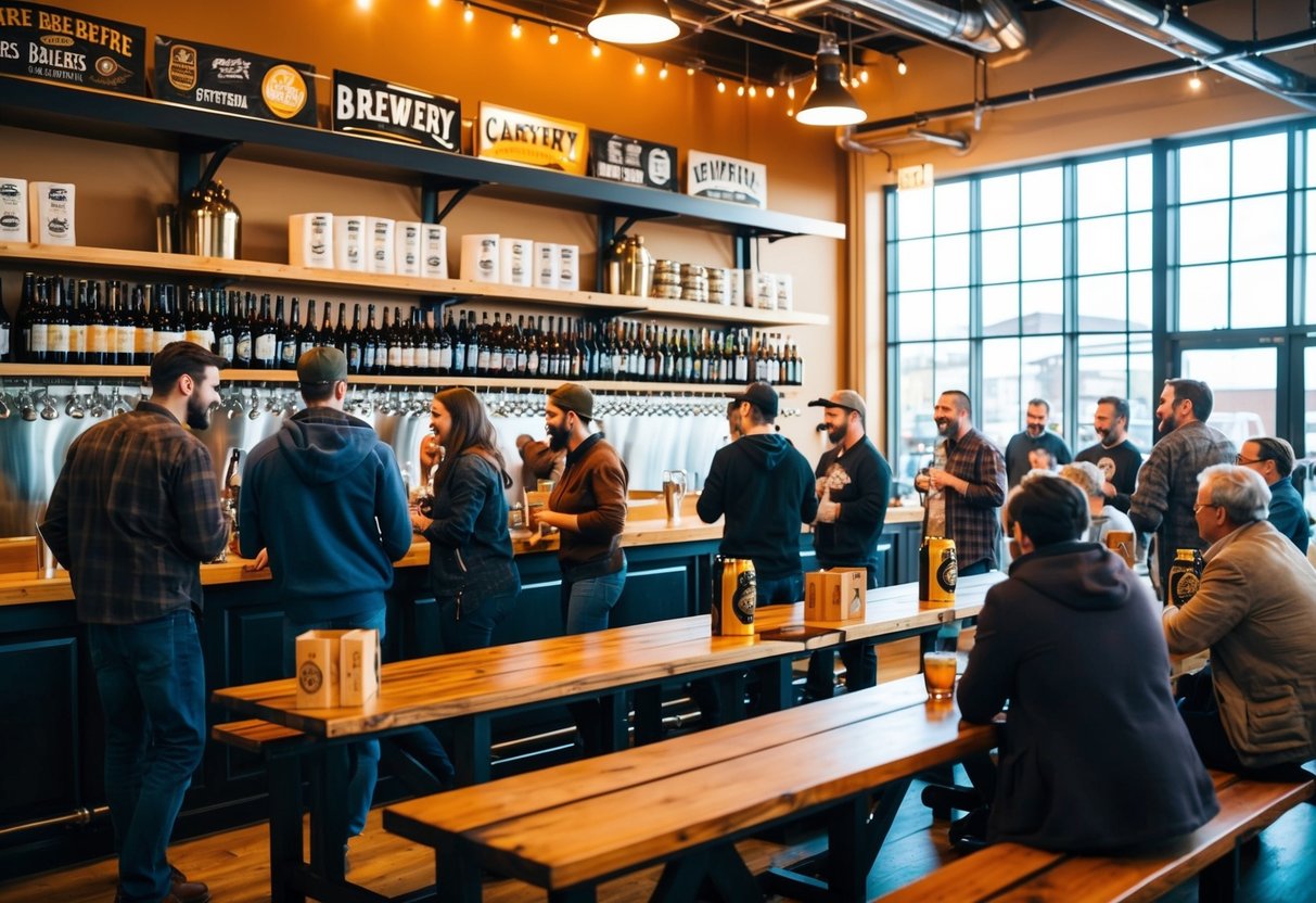 A cozy brewery with wooden tables, beer taps, and shelves of bottles. People gather to sample craft beers and chat in a warm, inviting atmosphere