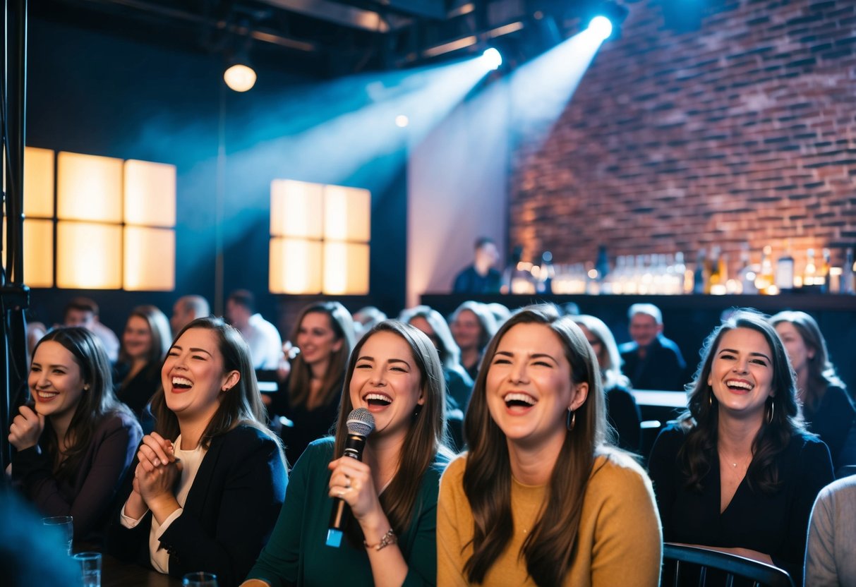 Audience laughing, stage spotlight, microphone, brick wall backdrop, dimly lit tables, bar in background